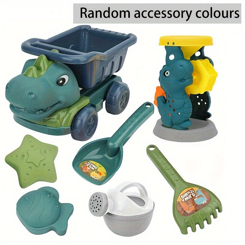 7pcs Dinosaur Beach Toy Set Dump Truck Watering Can Shovel Rake Sand Molds