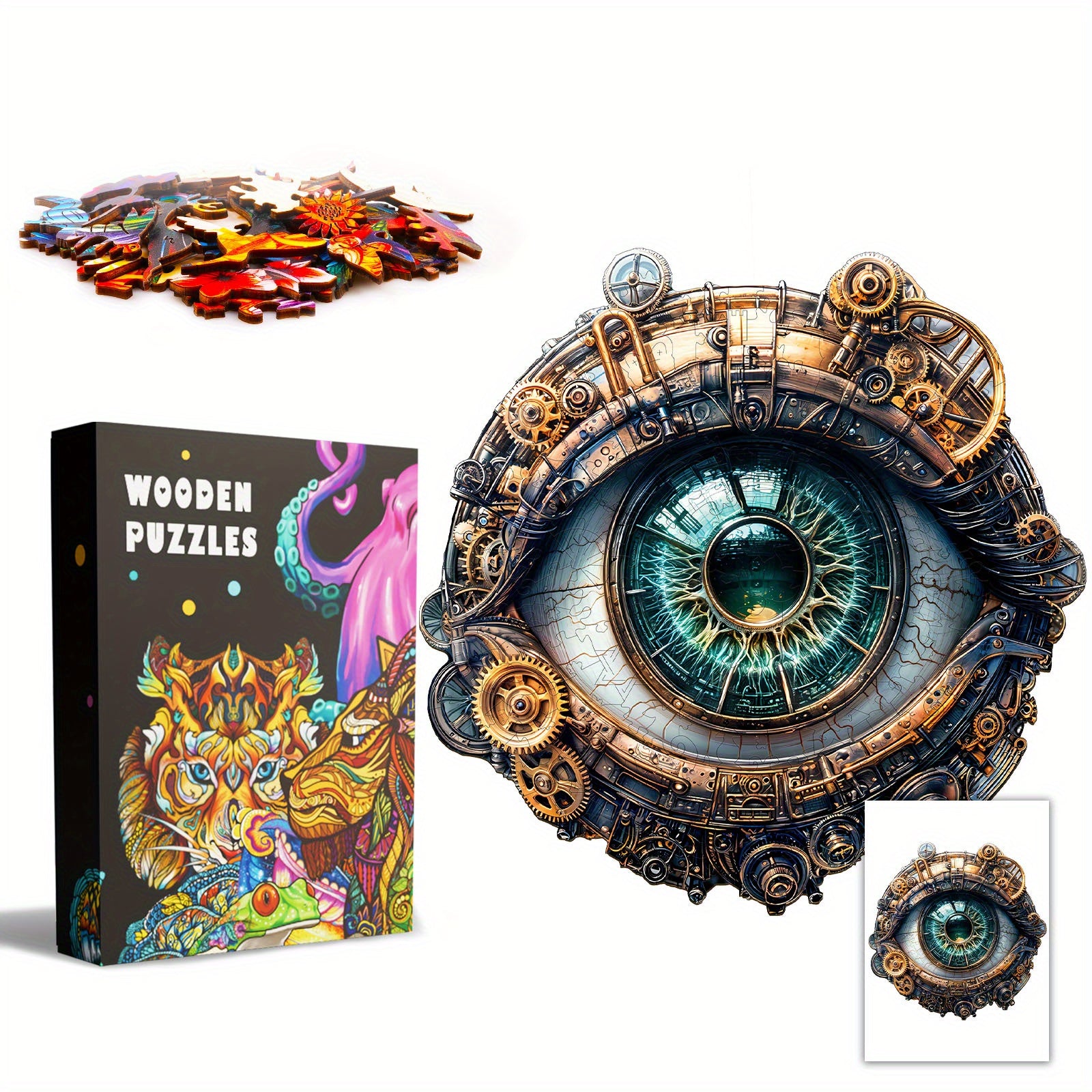 Steampunk Mechanical Eye Wooden Jigsaw Puzzle - Unique Animal Shapes