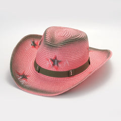 Pink Straw Hat Pentagram Graffiti Cowboy Hat Big Brim Sunshade