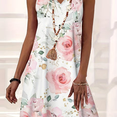 Women's Rose Print V Neck Stretch Tank Dress