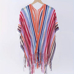Rainbow Striped Shawl Long Fringed Wrap Hollow Out Sunscreen Shawl