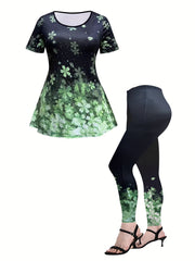Women's Plus Glitter Floral Print Top & Leggings Set