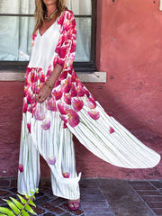 Floral Print Kimono Cover Up & Straight Leg Pants 2 Piece Swimsuit