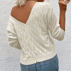 Solid Button Front Knit Cardigan V Neck Long Sleeve Sweater