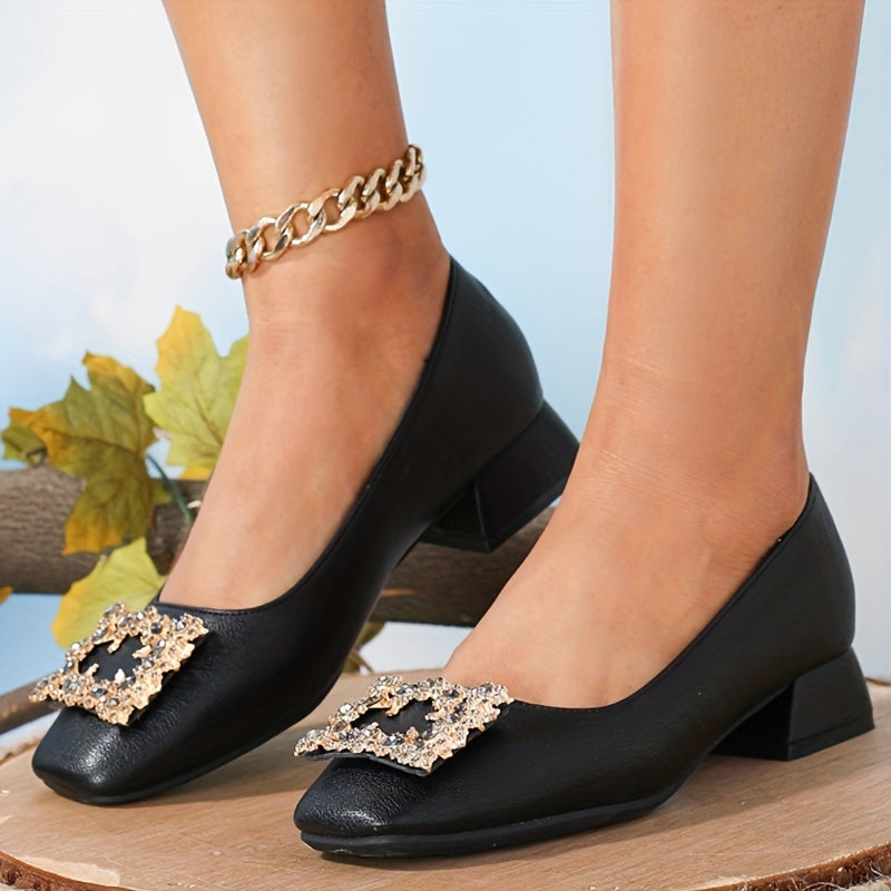 Women's Square Toe Rhinestone Buckle Decor Slip On Shoes