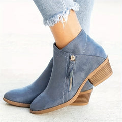 Women's Stacked Heel Ankle Boots Round Toe Side Zipper Casual Short Boots