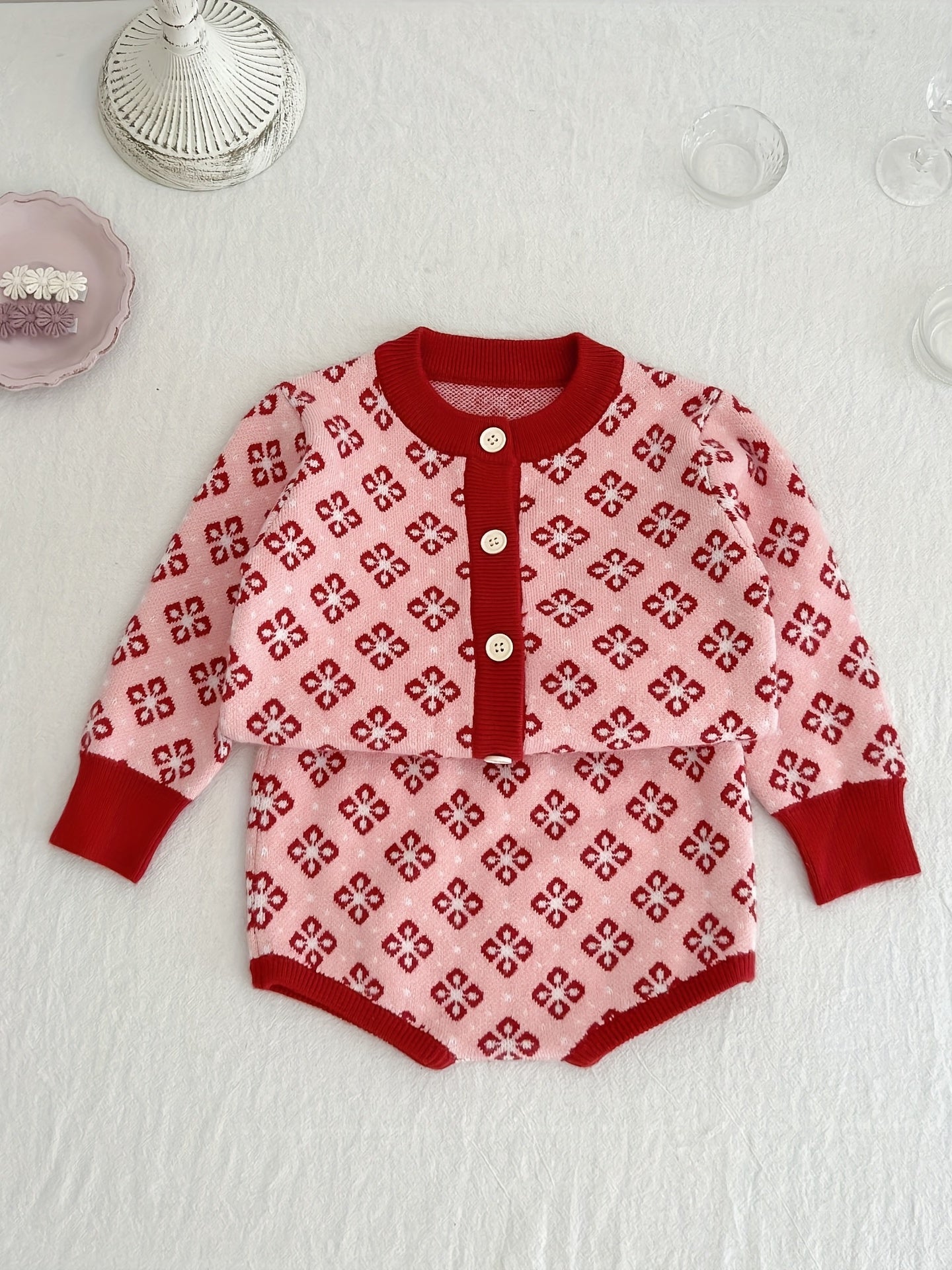 Baby Girls Floral Sweater Set Long Sleeve Pullover Top & Shorts