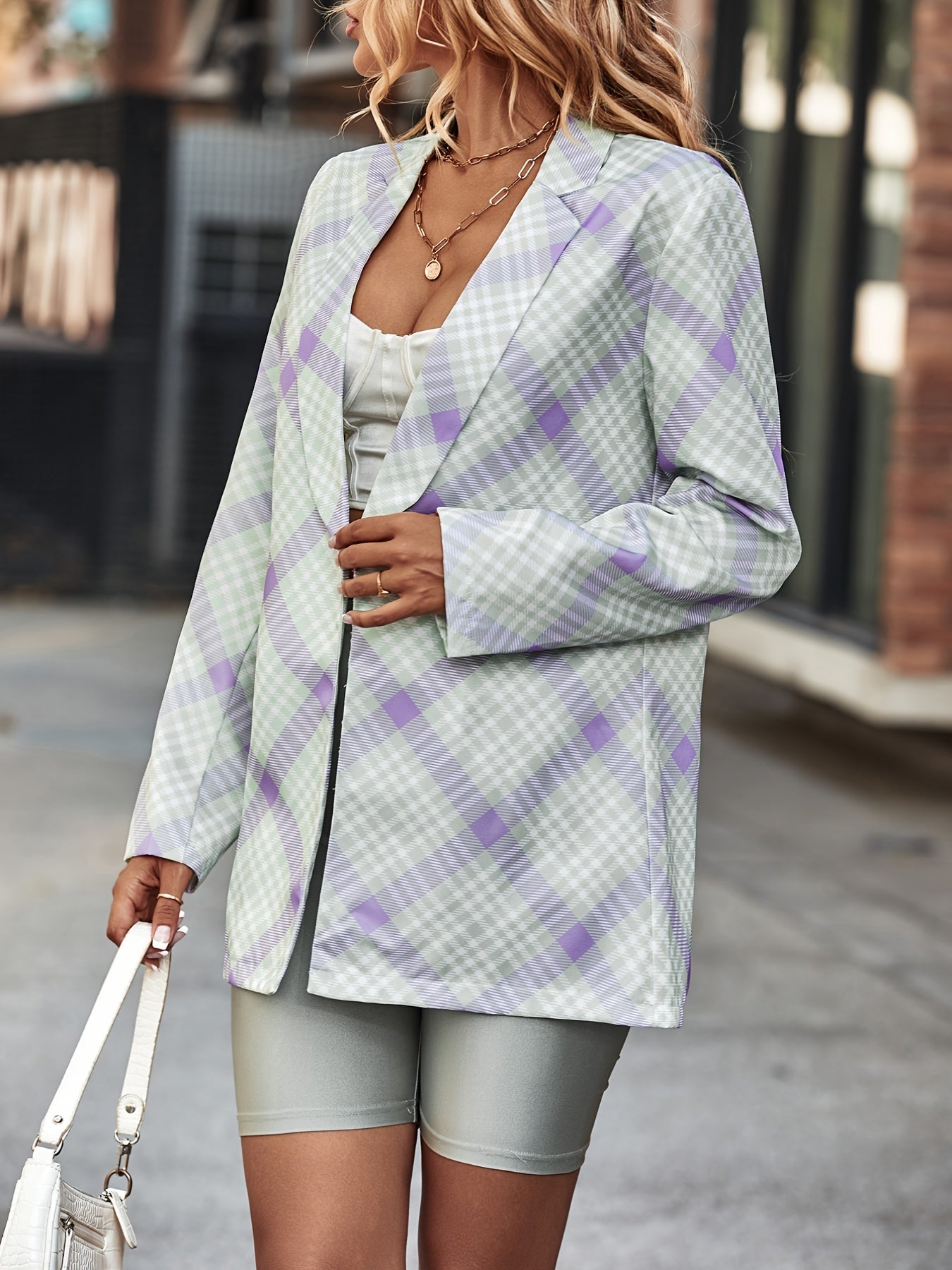 Purple Striped Plaid Casual Blazer & Stylish Office Wear