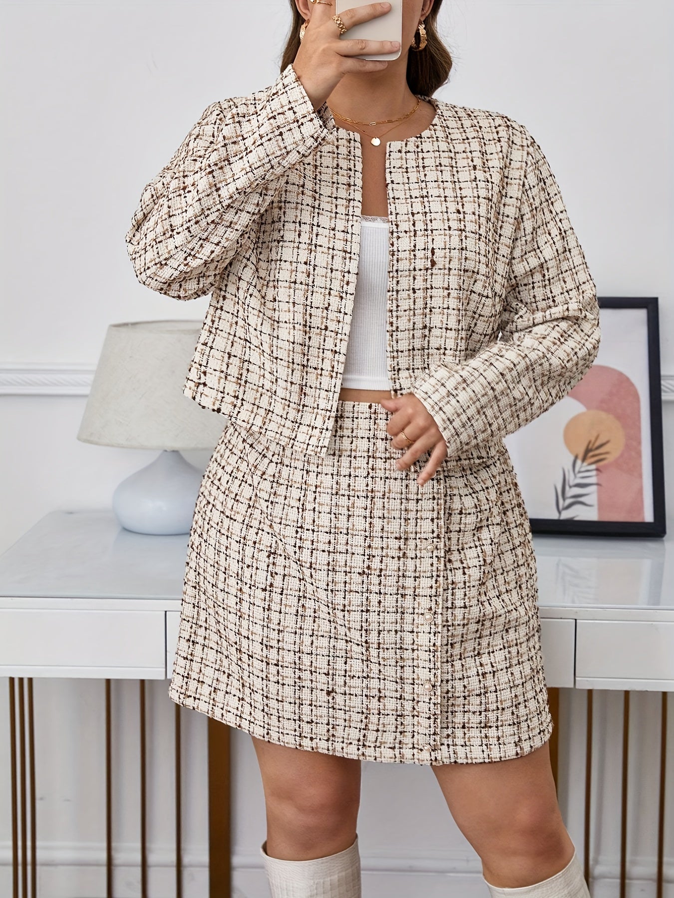 Women's Plus Tweed Coat & Mini Skirt Two Piece Set