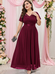 Floral Lace Ruffle Sleeve V Neck Evening Dress