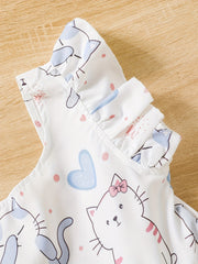 Toddler Girls Ruffle Trim Cat Graphic Backless Bow Princess Dress