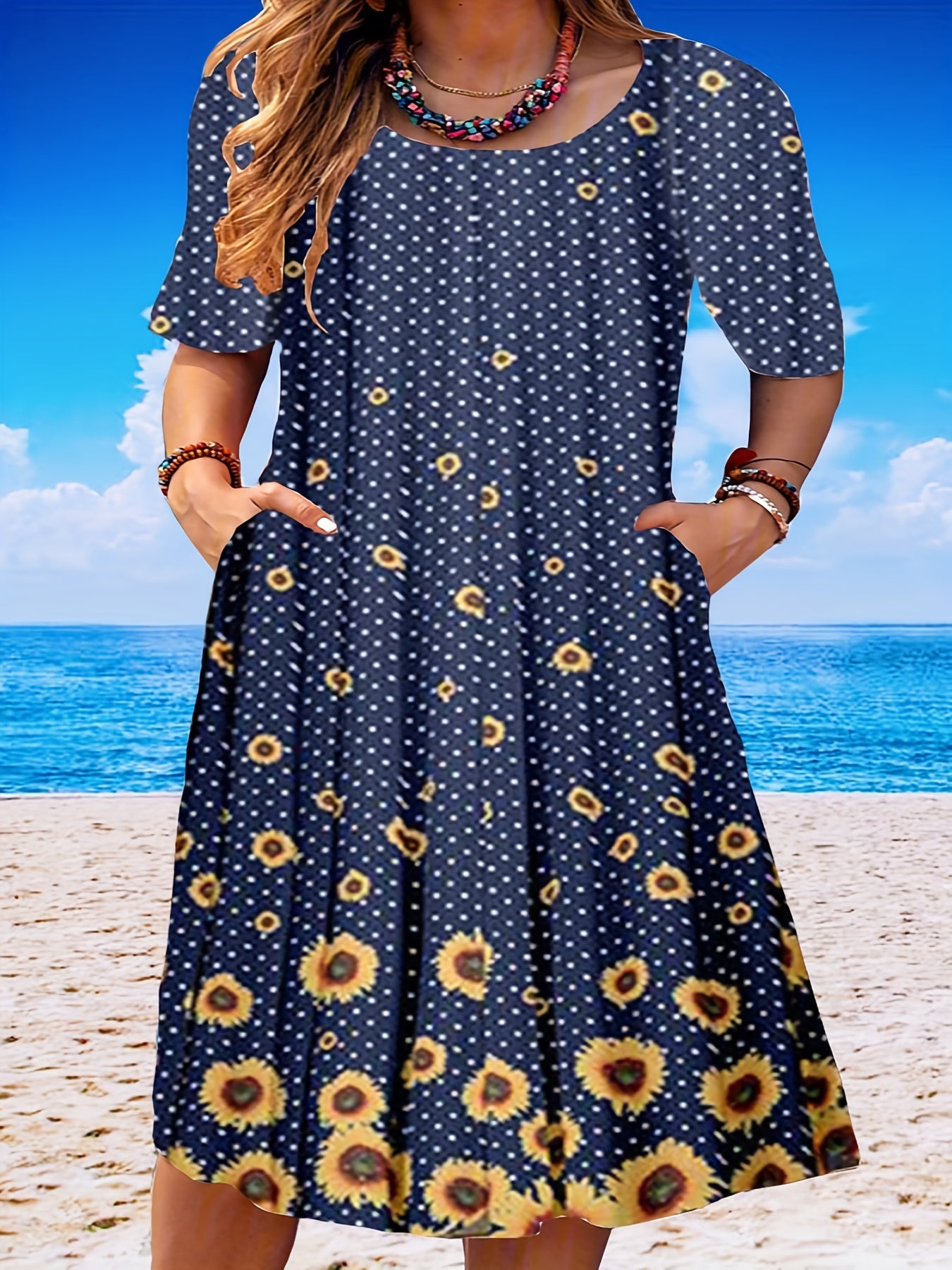 Women's Plus Sunflower & Dot Print Short Sleeve Tee Dress