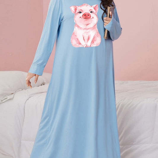 Nightdress Pig Print Long Sleeve Round Neck Stretch Sleep Dress
