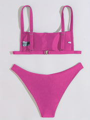 Rib Knit Bikini Set Back Buckle Backless High Cut Two Piece Swimsuit