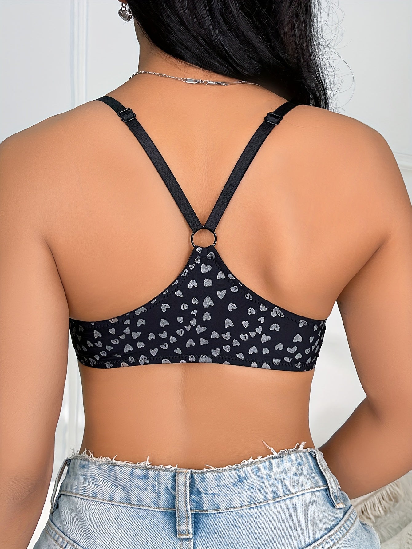 Heart Print Plunge Bra Front Buckle Push Up Bra