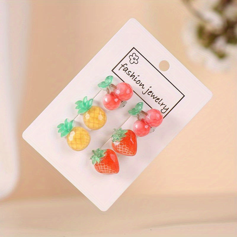 3 Pairs Rainbow & Strawberry Clip On Earrings Teen Party Accessories