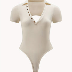 Solid Button V Neck Tie Bodysuit Sexy Short Sleeve Backless Bodysuit