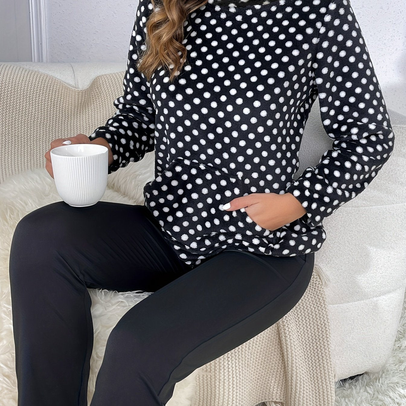 Polka Dot Lounge Set Long Sleeve Hooded Top & Pants