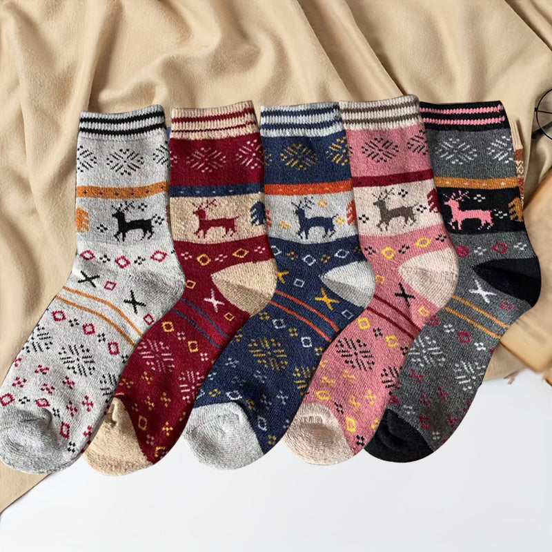 5 Pairs Elk Print Socks Christmas Crew Women's Stockings