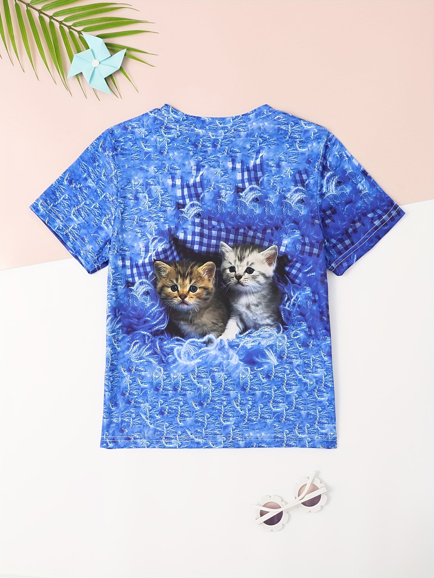 Adorable Kitty Graphic Crew Neck T shirt Girls Comfy Tees