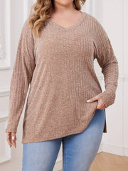 Solid Long Sleeve V Neck Ribbed Knit Top
