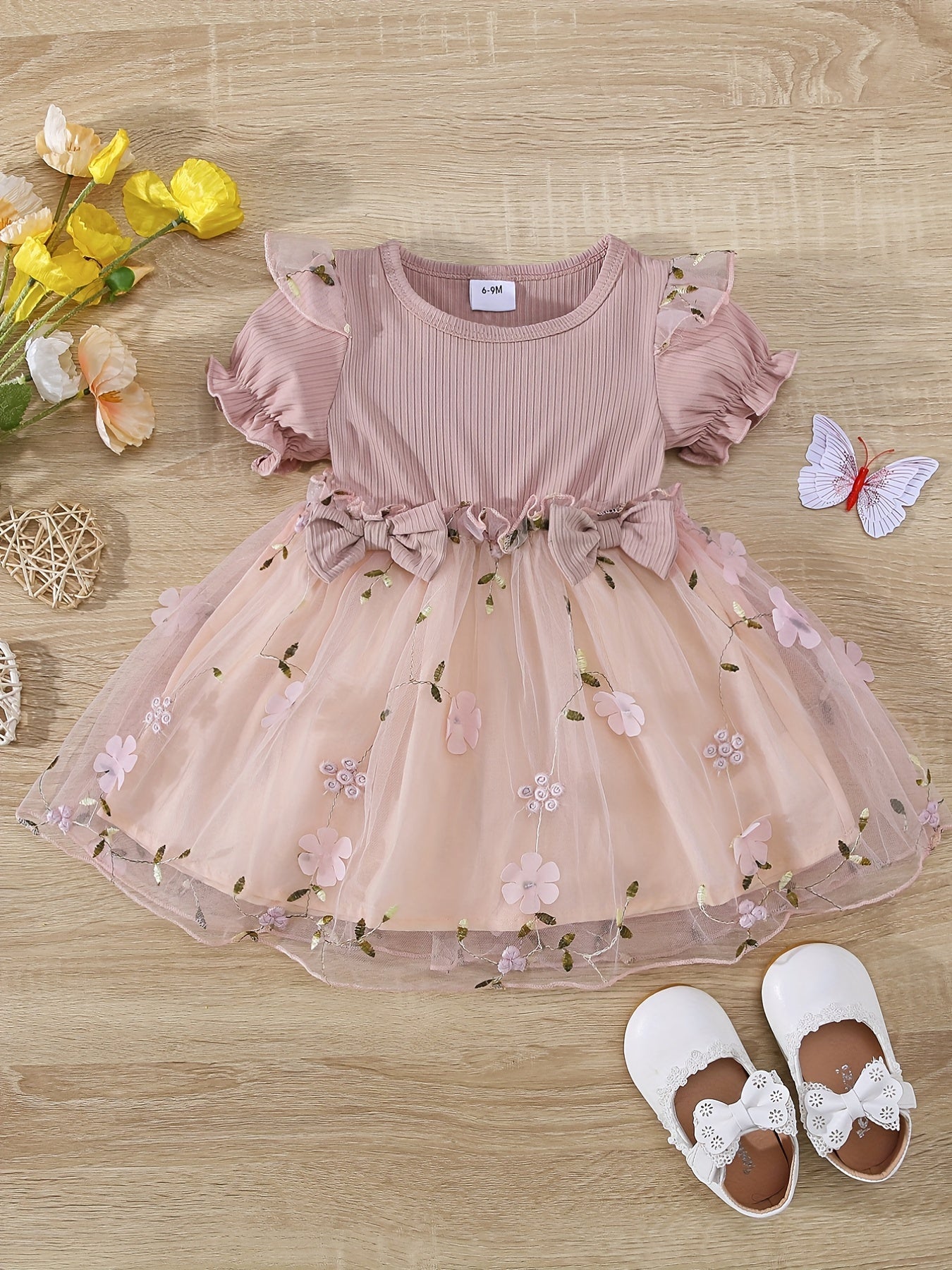Baby Girls Floral Bowknot Mesh Puff Sleeve Dress