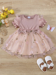 Baby Girls Floral Bowknot Mesh Puff Sleeve Dress