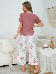 Floral Print Lounge Set V Neck Short Sleeve Top & Bow Pants