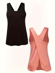 2Pcs Solid Sports Vest Round Neck Back Split Quick Drying Sporty Top