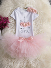 Baby Girls 1st Birthday Outfit Cartoon Print Top Mesh Skirt 3pcs Kids Clothes