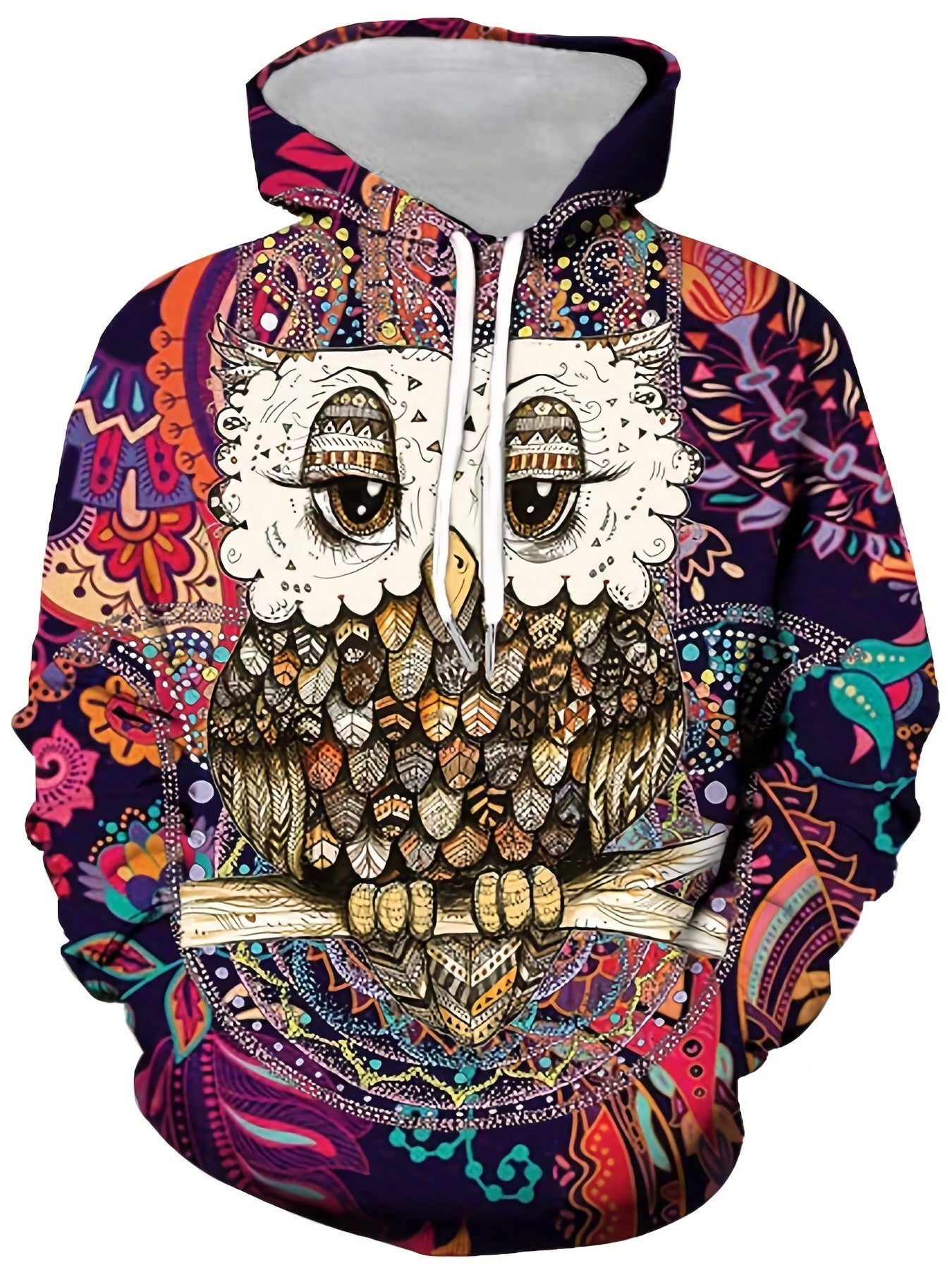 Colorful Owl Print Hoodies For Men Graphic Hoodie Comfy Loose Pullover