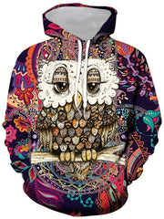 Colorful Owl Print Hoodies For Men Graphic Hoodie Comfy Loose Pullover