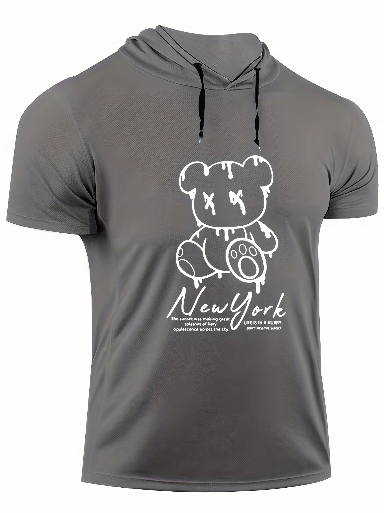 Men's Bear Graphic Hooded T shirt BEAR PRINT Casual Slightly Stretch Tee