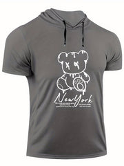 Men's Bear Graphic Hooded T shirt BEAR PRINT Casual Slightly Stretch Tee