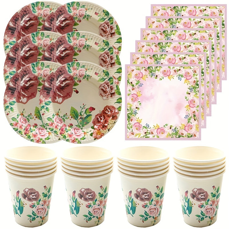 Rose Floral Paper Plates Cups & Napkins Set