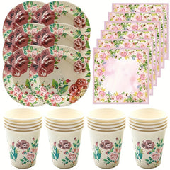 Rose Floral Paper Plates Cups & Napkins Set