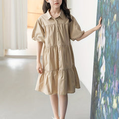 Cotton Puff Sleeve Lapel Dress for Girls