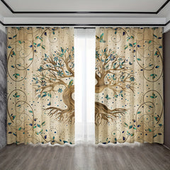 2pc Yellow Tree of Life Pattern Curtains with Pillowcase - Rod Pocket Style