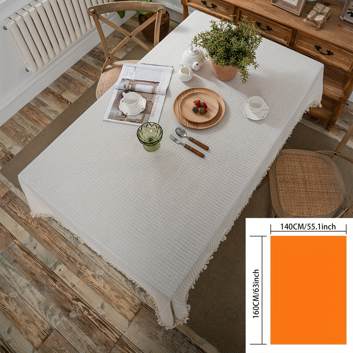 Beige Tassel Waffle Tablecloth Waterproof Rectangle Table Cover for Picnic