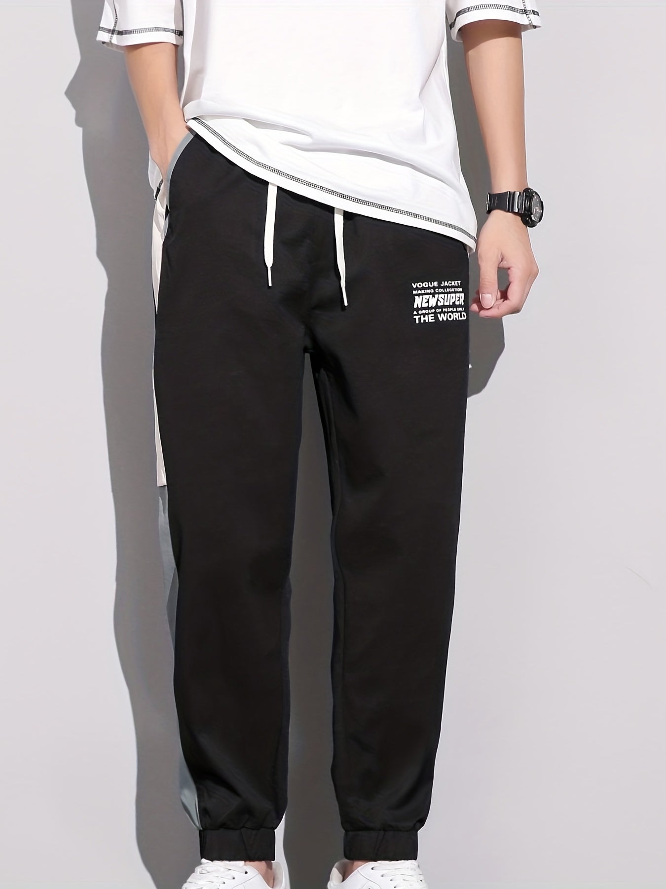 Men's Patchwork Cropped Pants Elastic Waist Drawstring Sports Pants