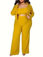 Casual Outfit Set Zipper Front Drawstring Hoodie & Cami Top & Pants