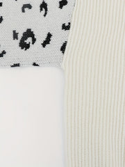 Colorblock Leopard Print Button Decor Lantern Sleeve V Neck Jumper