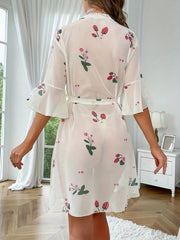 Floral Print Mesh Night Robe Ruffle Sleeve Robe With Belt