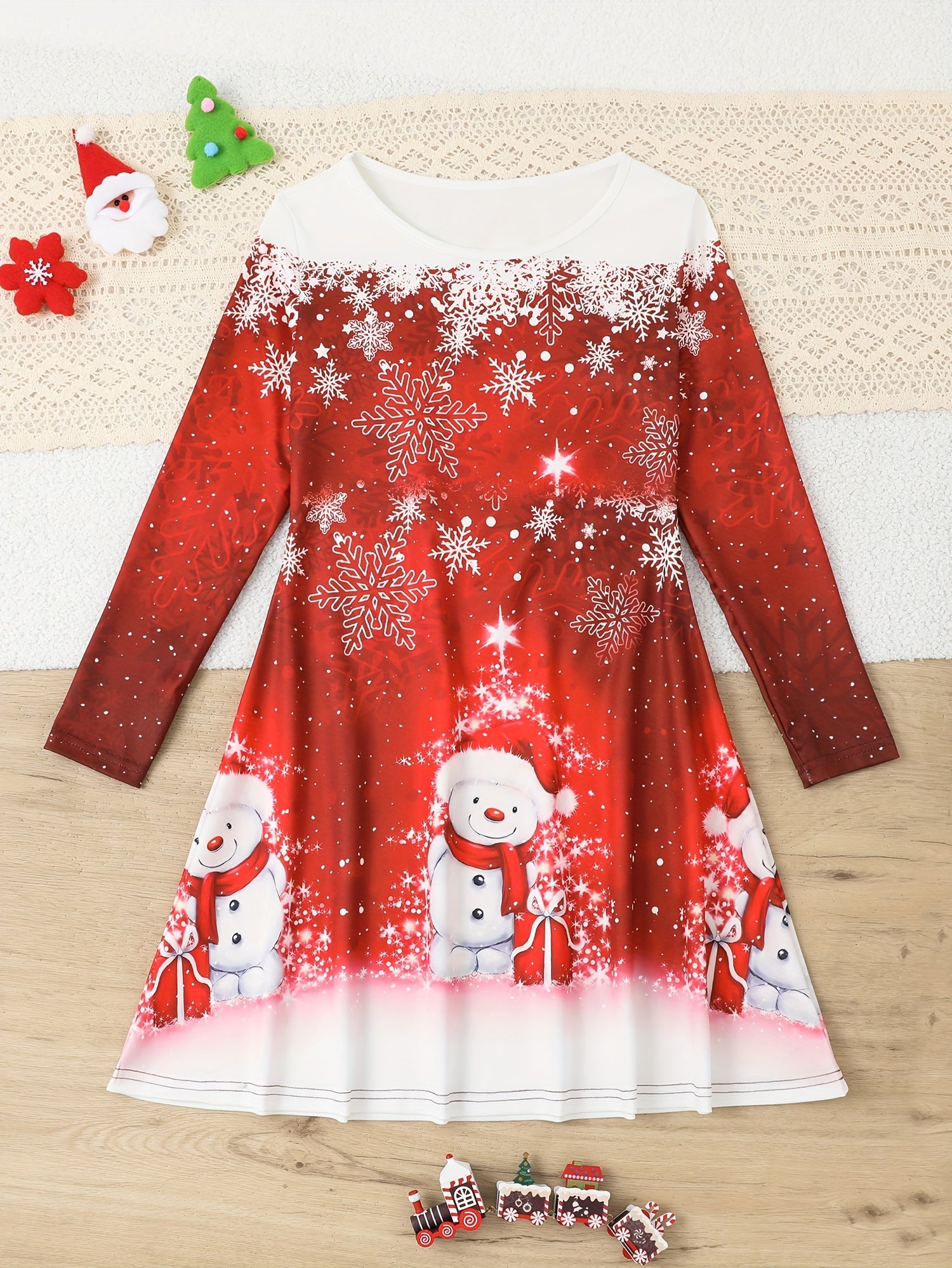 Snowman Graphic Long Sleeve Dress Girls Spring Fall Christmas Gift Party