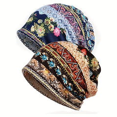 Vintage Floral Print Beanie Boho Warm Knit Hat