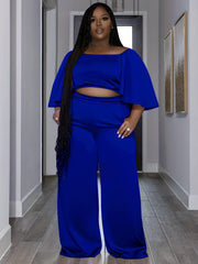 Solid Flare Crop Top & Wide Leg Pants Outfit Set