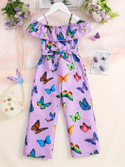 Girls Ruffled Romper Butterfly Graphic Jumpsuit