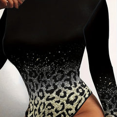 Leopard Print Long Sleeve Crew Neck Bodysuit