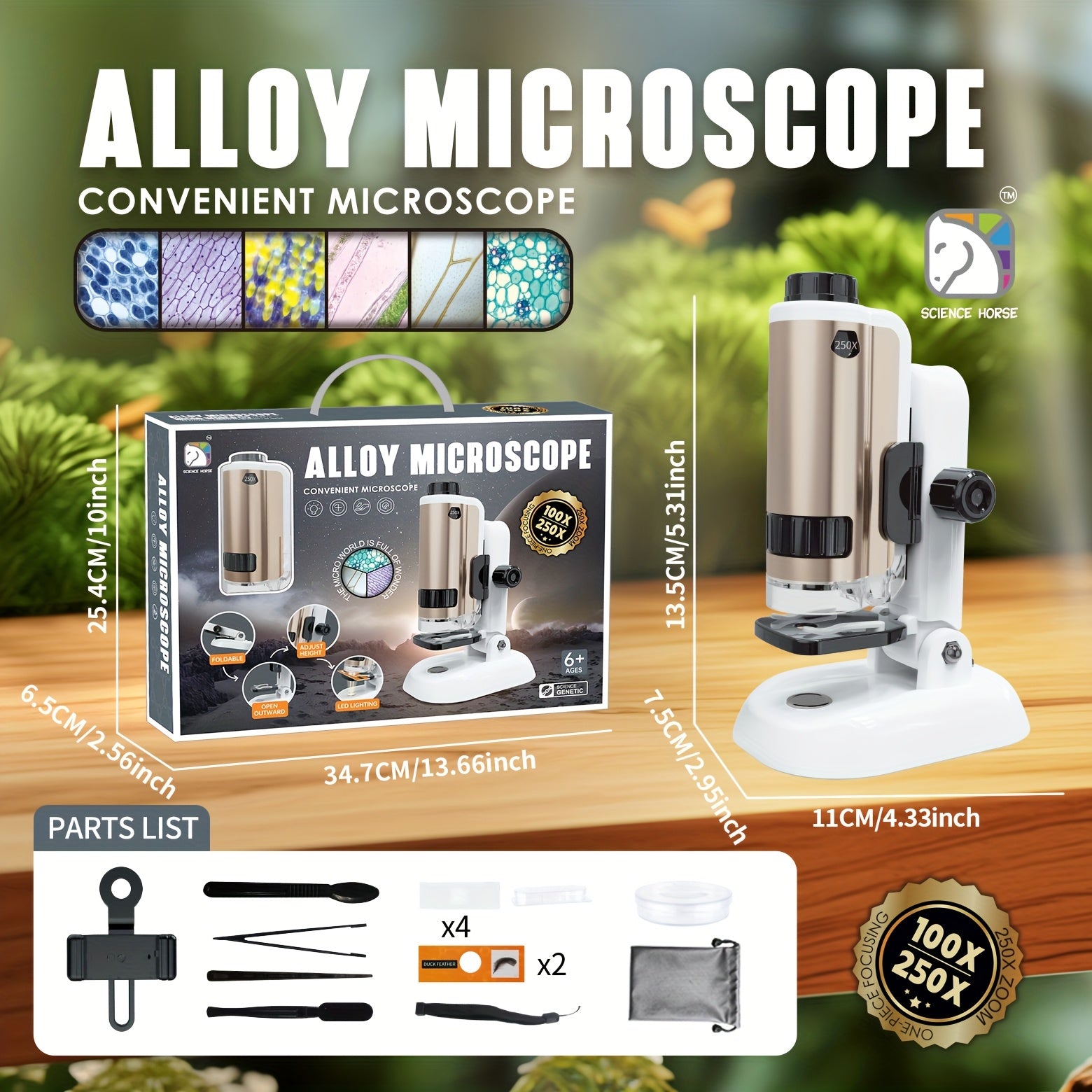 Science Horse 16pcs Portable Microscope Kit with 250x Magnification