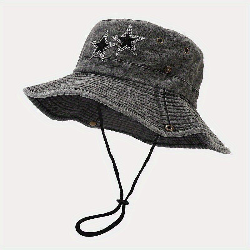 Cotton Washed Boonie Hat With Rhinestones Star Cowboy Cap